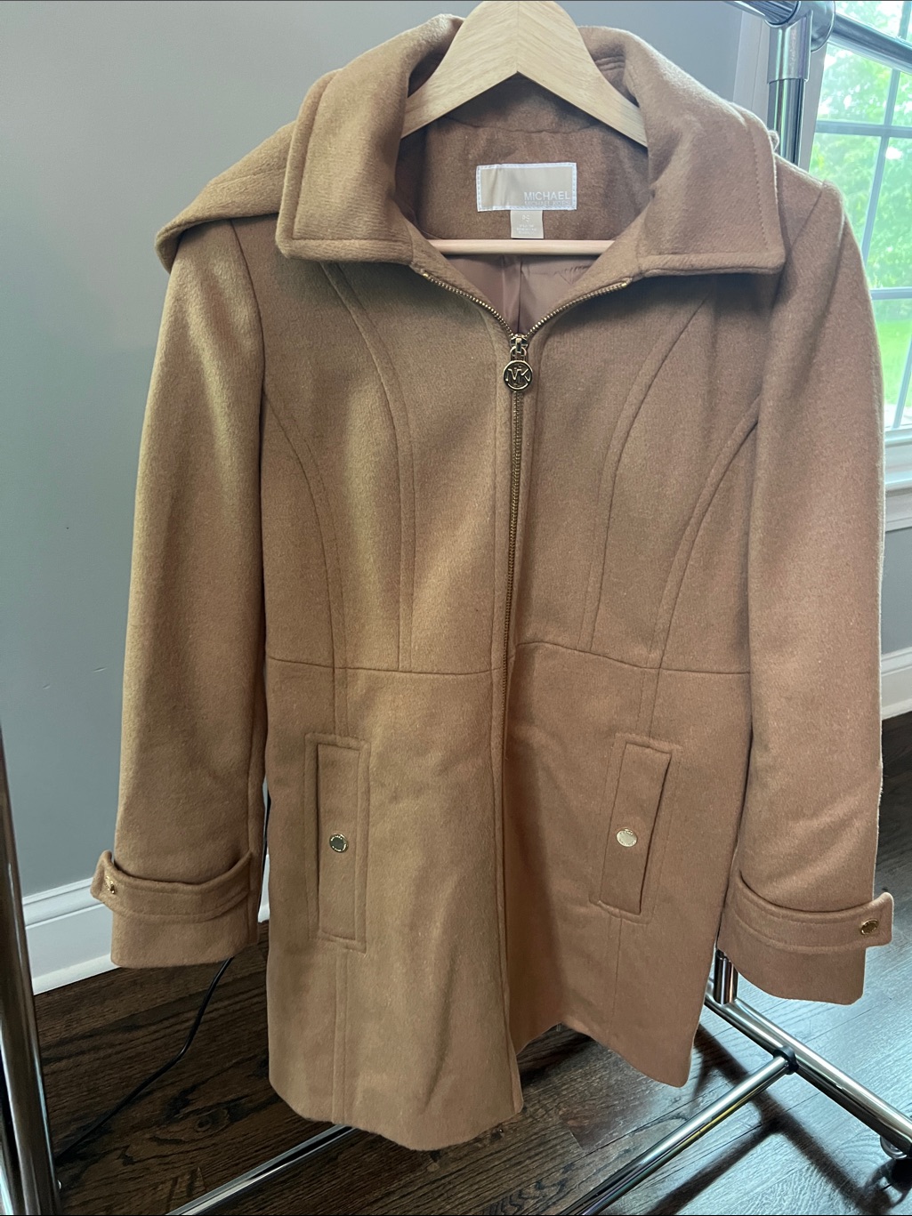 Michael Kors Camel Zip-Up Wool Blend Jacket - Removable Hood